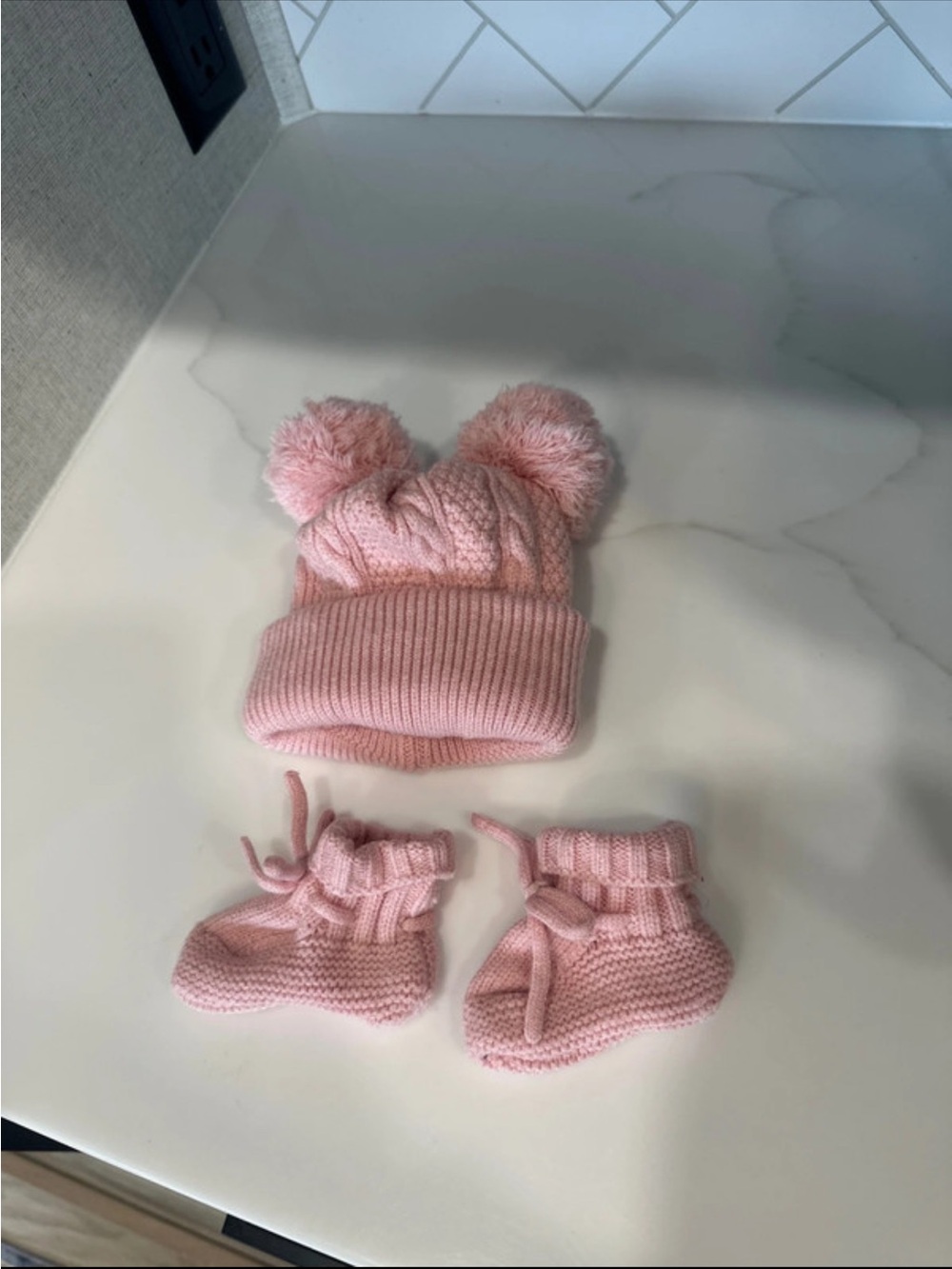 Nicole Miller Pink Knit Pom Pom Hat and Booties Set